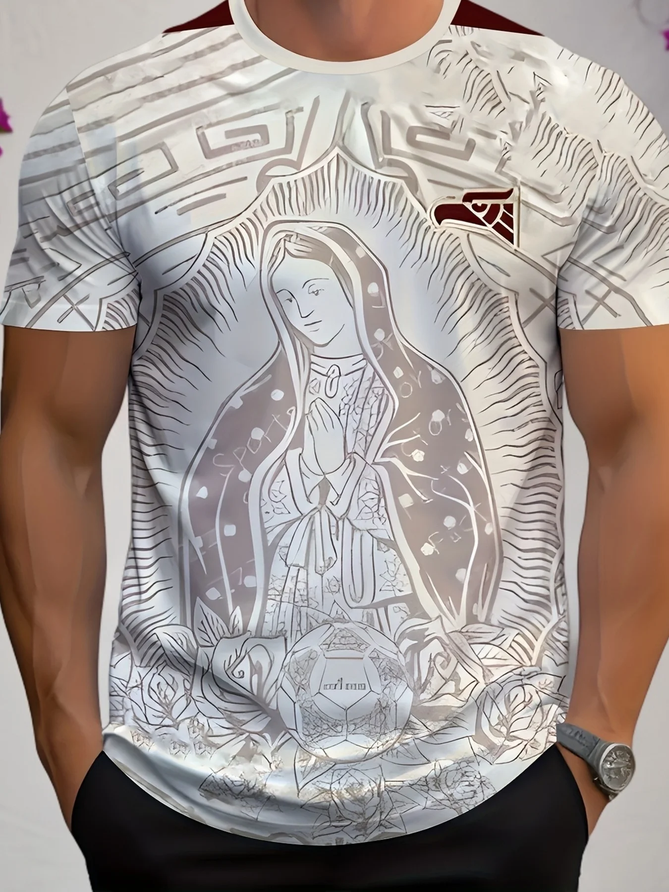 Men 3D Print T-Shirt Our Lady of Guadalupe Rose Geometric Line Graphic O Neck Short Sleeve Casual Summer Streetwear Tee