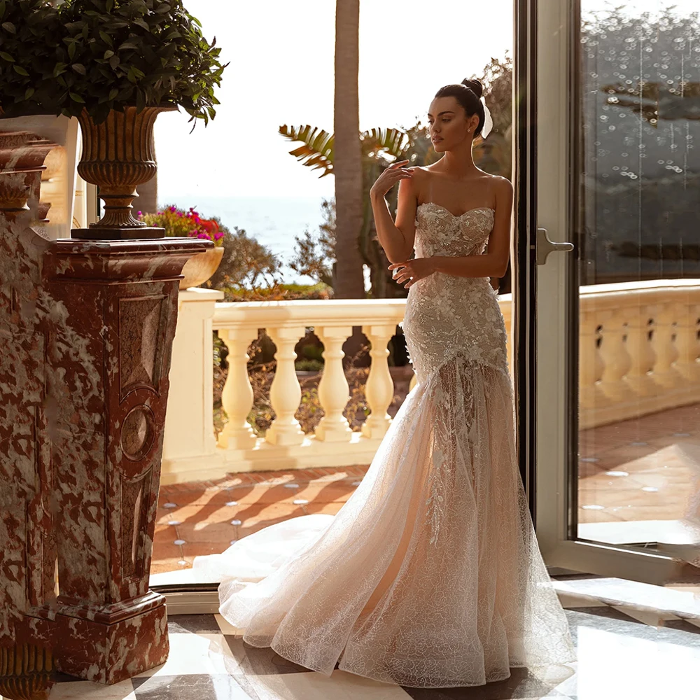 

Champagne Wedding Dresses Sweetheart Lace Robe De Mariée Flowers Sequined Mermaid Sleeveless Bride Gowns For Women Customized