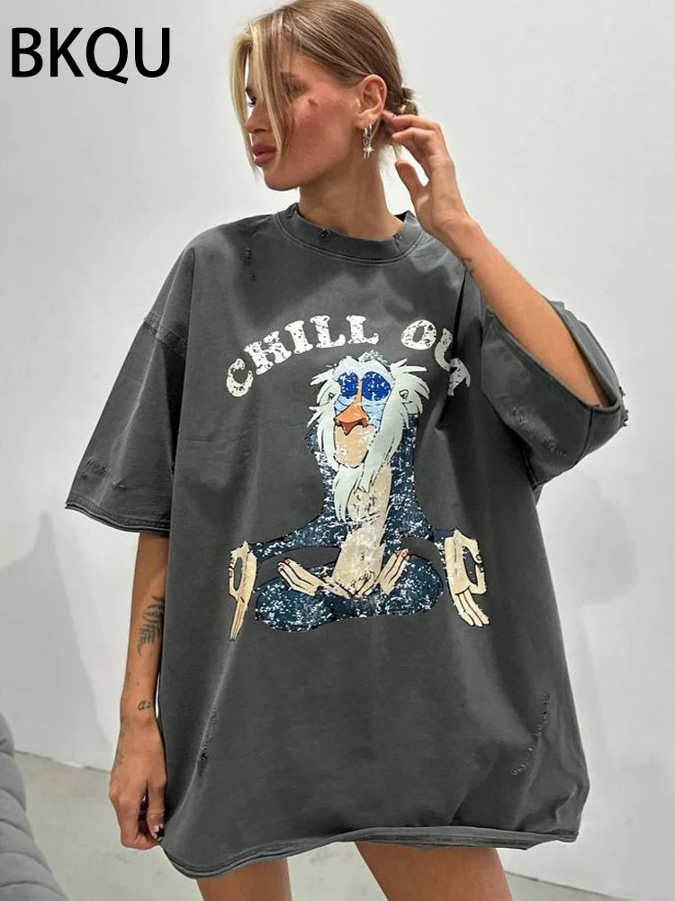 BKQU Cartoon Graphic Printed T Shirt Women Ripped Half Sleeve O-neck Tee Shirts Letter Loose Oversized y2k Pullovers Streetwear