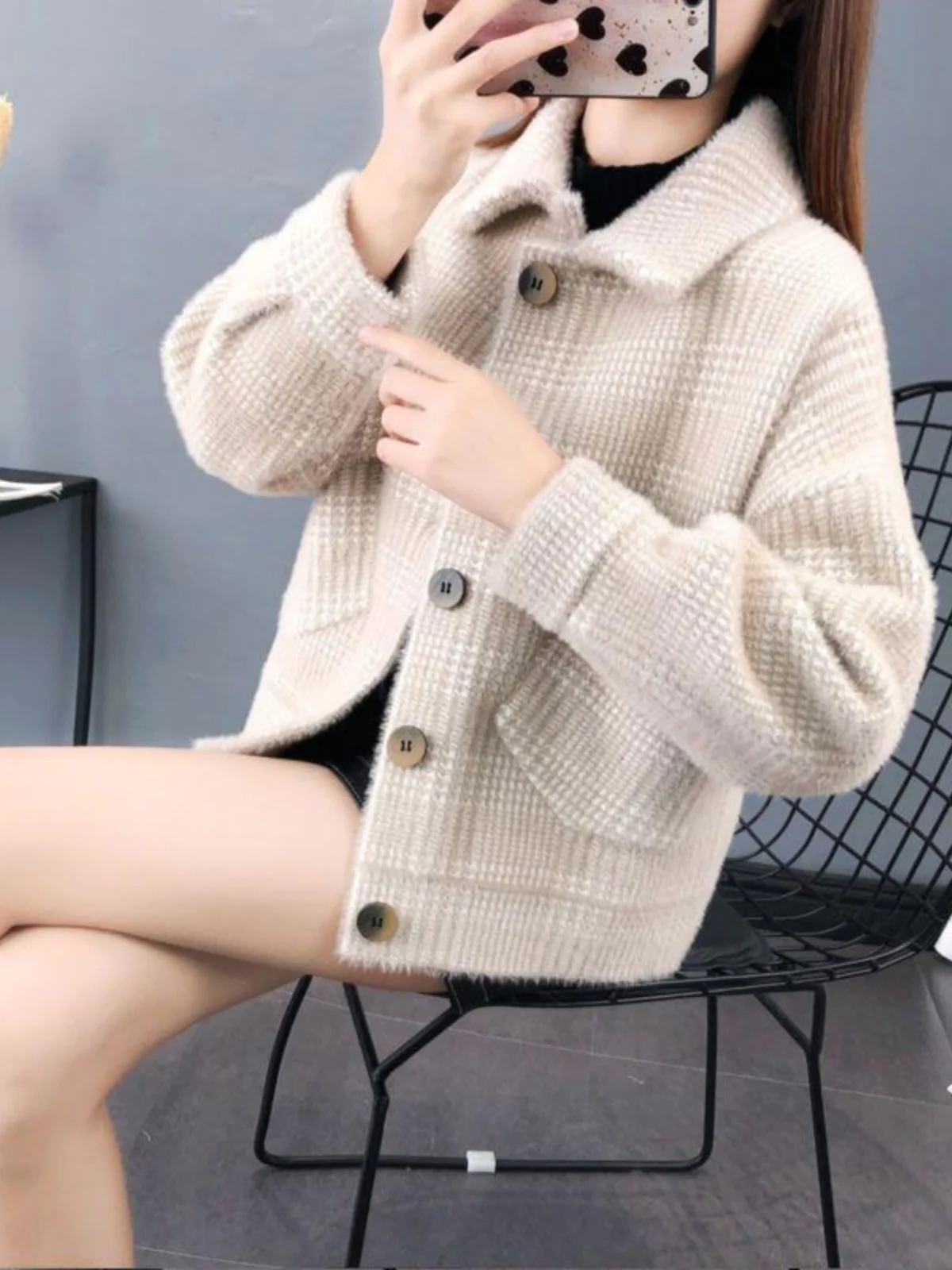

Faionable ort Cardigan Coat Women's Plaid Sle Mink Fur Autumn Winter Clothes for ly Mothers Straight Cut Long Sve