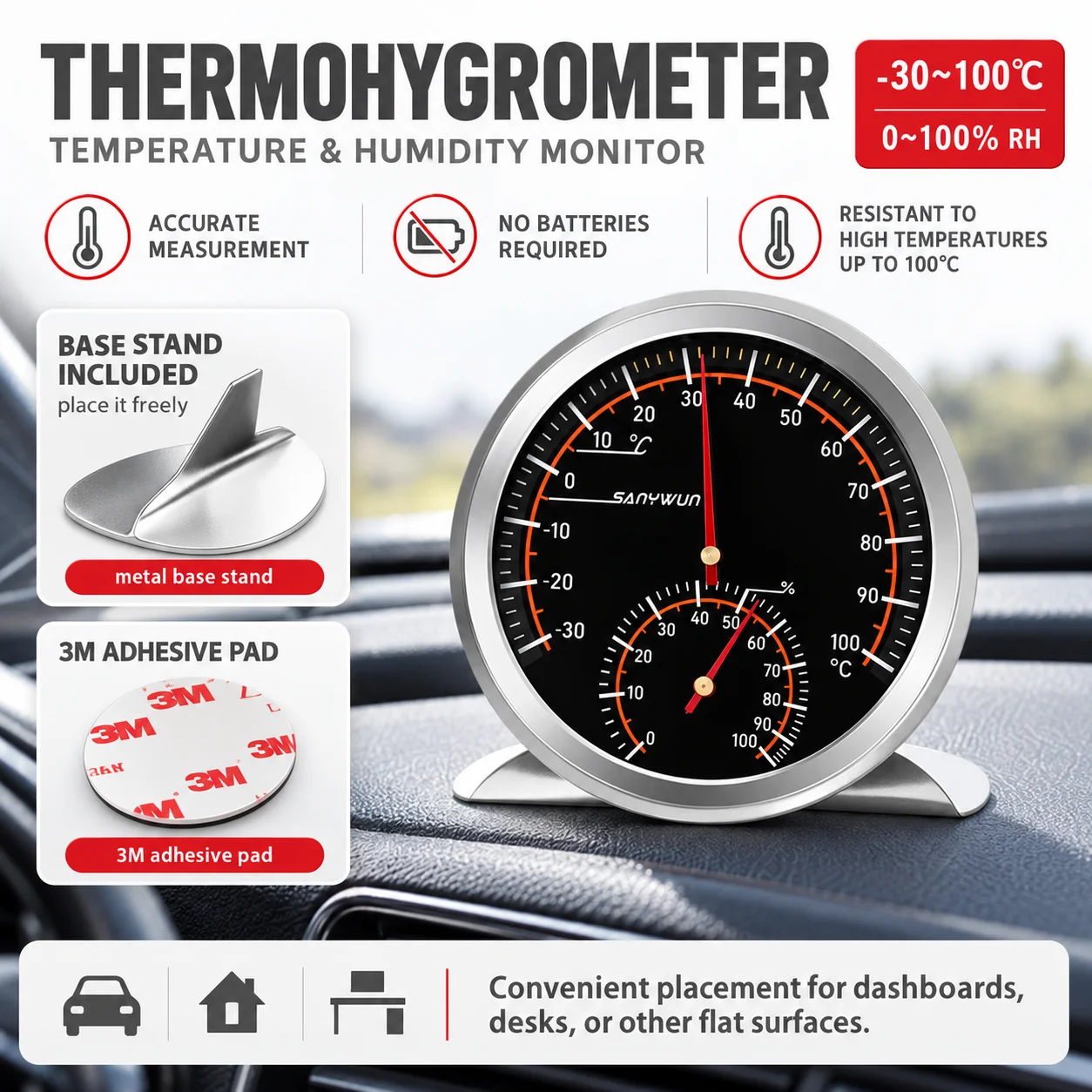 Car Dashboard Panel Stick-on 2 in 1 Thermometer&hygrometer Air Kit Mini Vehicle Vent Temperature Meter Accessories