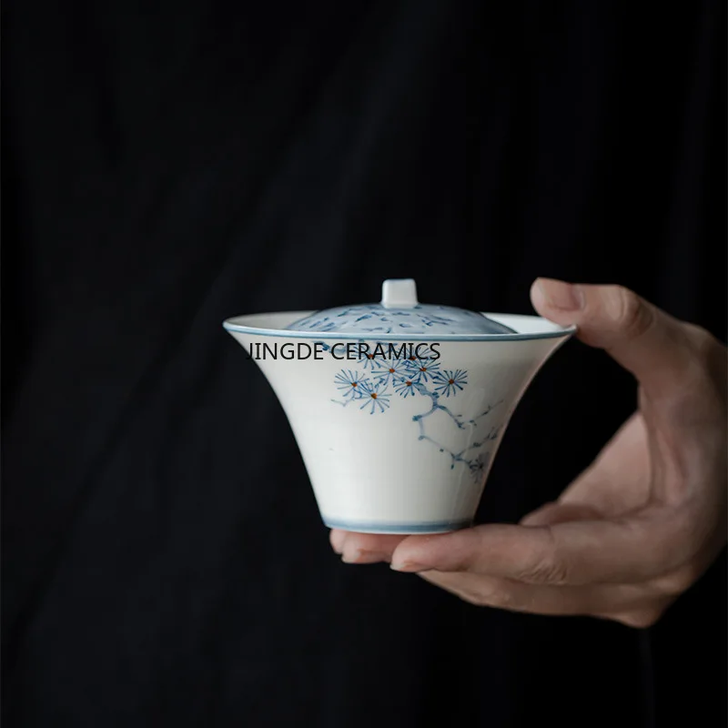 

Ручная нарисованная керамическая миска с сосновой крышкой, чайный сервиз, аксессуары, белая чайная миска, нарисованная вручную керамическая чаша для чая с крышкой, предметы домашнего обихода