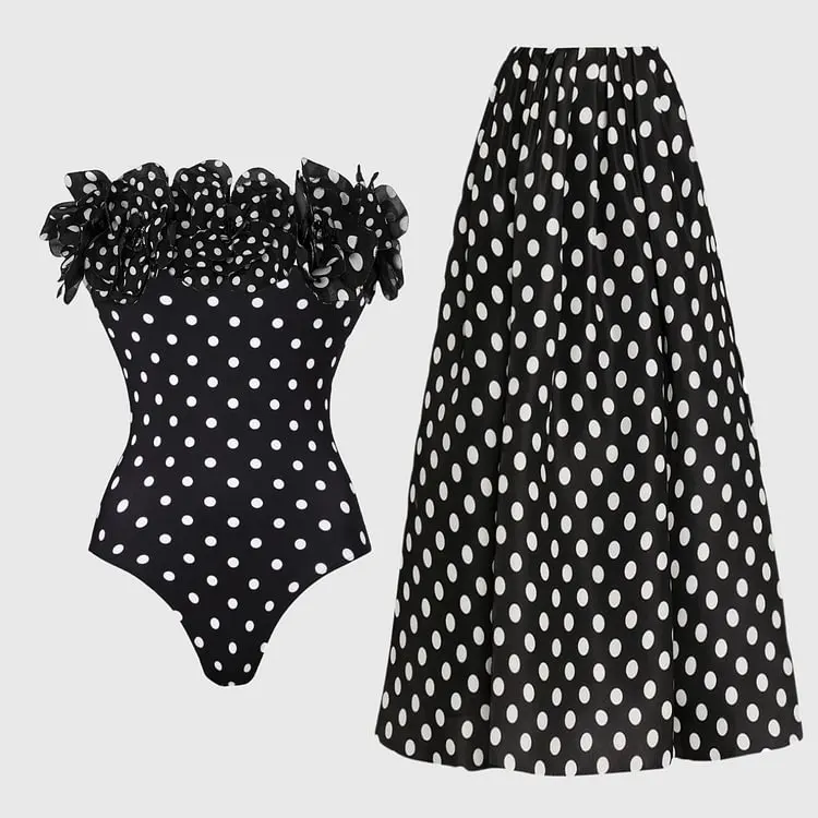 2025 Flaxmaker Bandeau Polka Dot Print One Piece Swimsuit and Skirt Women Summer Party Biquini Bathingsuit Bodysuit