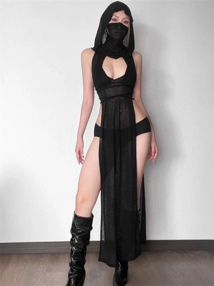 BWQ 2024 Summer High Street Travel Cool Confident Black Mysterious Sexy Open Avant-garde Sexy Hot Cool Women's Hooded Dress