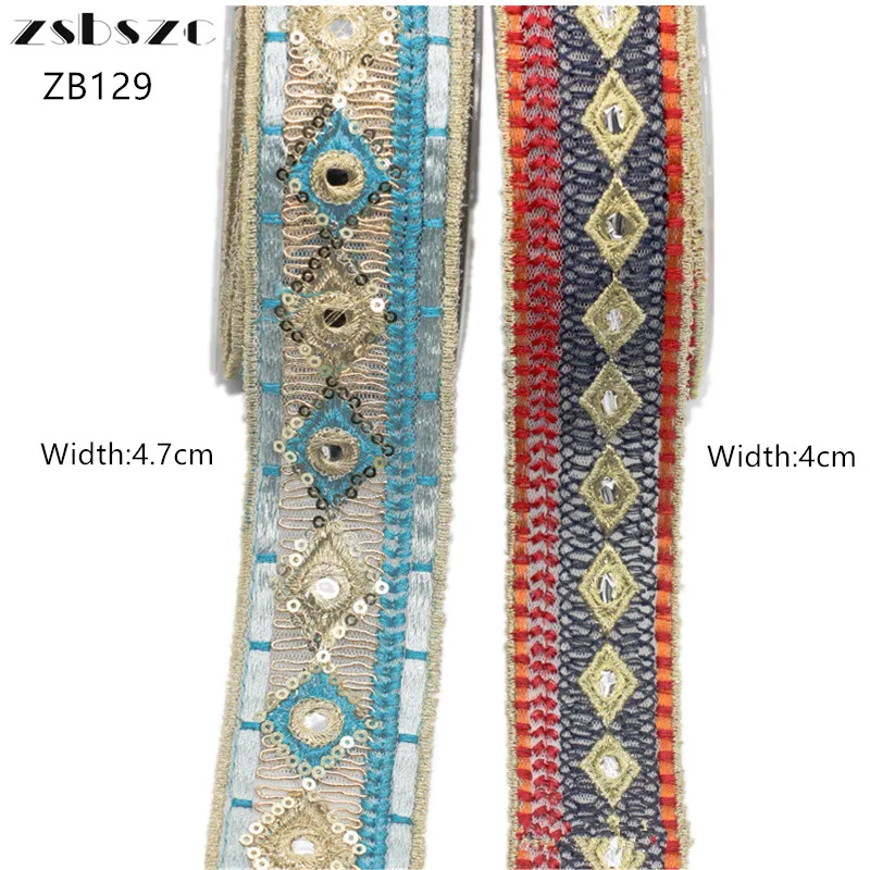 

zsbszc 4cm 4.7cm 10yards new ethnic style sequin diamond embroidery lace multicolor thread clothing accessories DIY ribbon ZB129