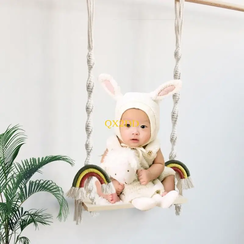 QX2D Newborn Photography Wooden Swing Baby Photo Posing Macrame Swing Props