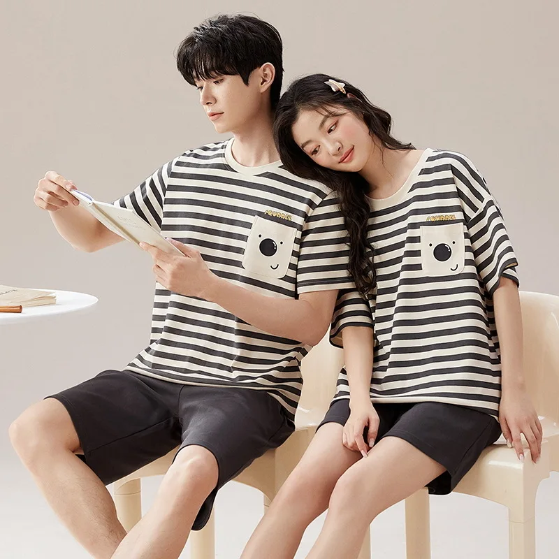 Cartoon Cute Summer Cotton Pajamas Set for Couples Women and Men Matching Sleepwear Short Sleeves Sleeping Top Shorts Pijamas