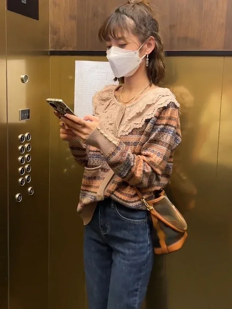 หวานถักเสื้อกันหนาว Ropa MujerWomen เสื้อผ้า Patchwork เสื้อสเวตเตอร์ถักหญิงลูกไม้ Peter Pan ปลอกคอสุภาพสตรีเสื้อแฟชั่น ted r