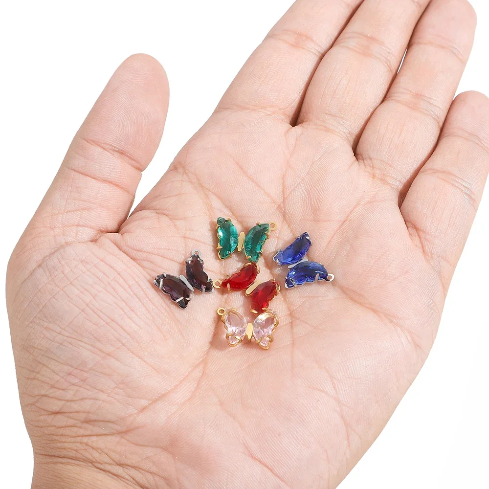 5 Stück Edelstahl- und transparente Kristallglas-Schmetterlingsanhänger für DIY-Mädchen-Schmuck, Halsketten, Charms, Zubehör und Ohrringherstellung – Detail 5