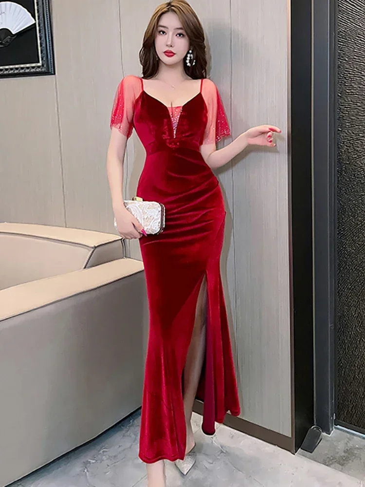 2025 เกาหลีBodyconชุดราตรีฤดูใบไม้ร่วงฤดูหนาวกํามะหยี่สีฟ้าChicเพชรSheerเซ็กซี่คลับชุดผู้หญิงElegant Luxury Long Robe