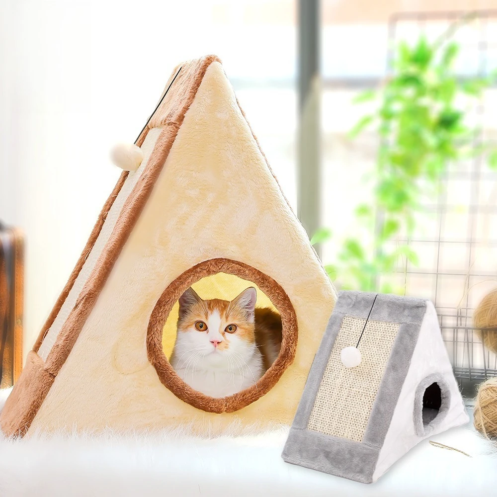 

Premium Cat Cave Bed and Scratching Post Lining and Double Sided Sisal Clawing Board Cushioned Triangle Kitten Bed with Angled