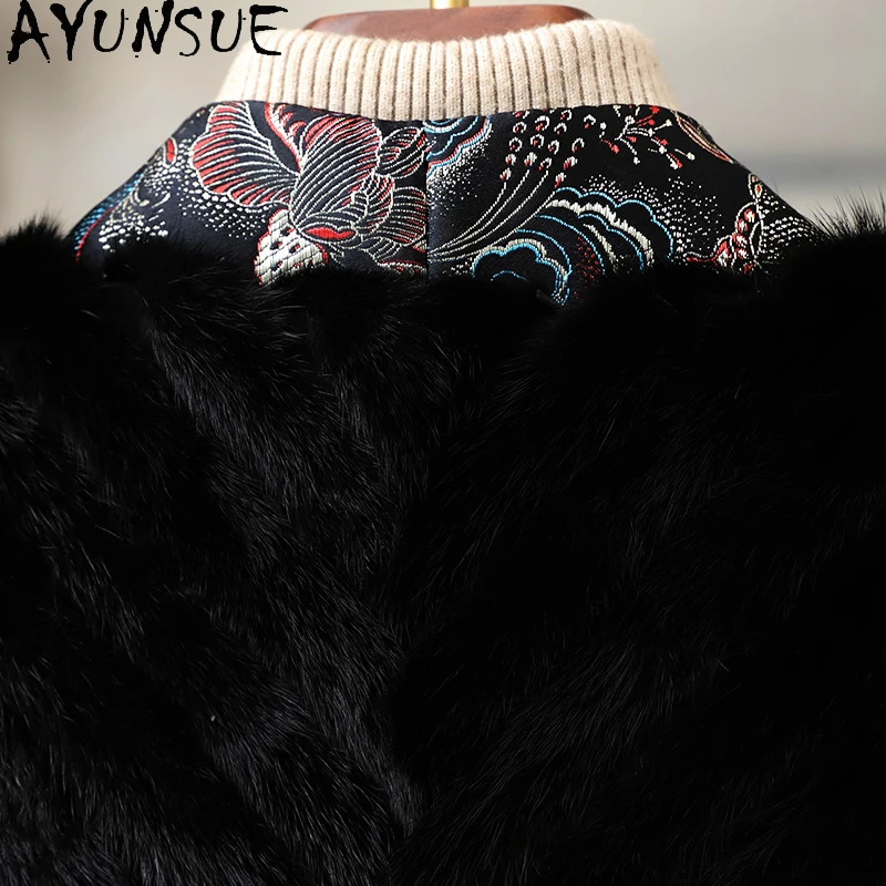 AYUNSUE ミンクファーコート レディース 2025年新作 ブラックファーコート 冬用コート レディース 中国風 Vネック レディース服 Шуба Женская