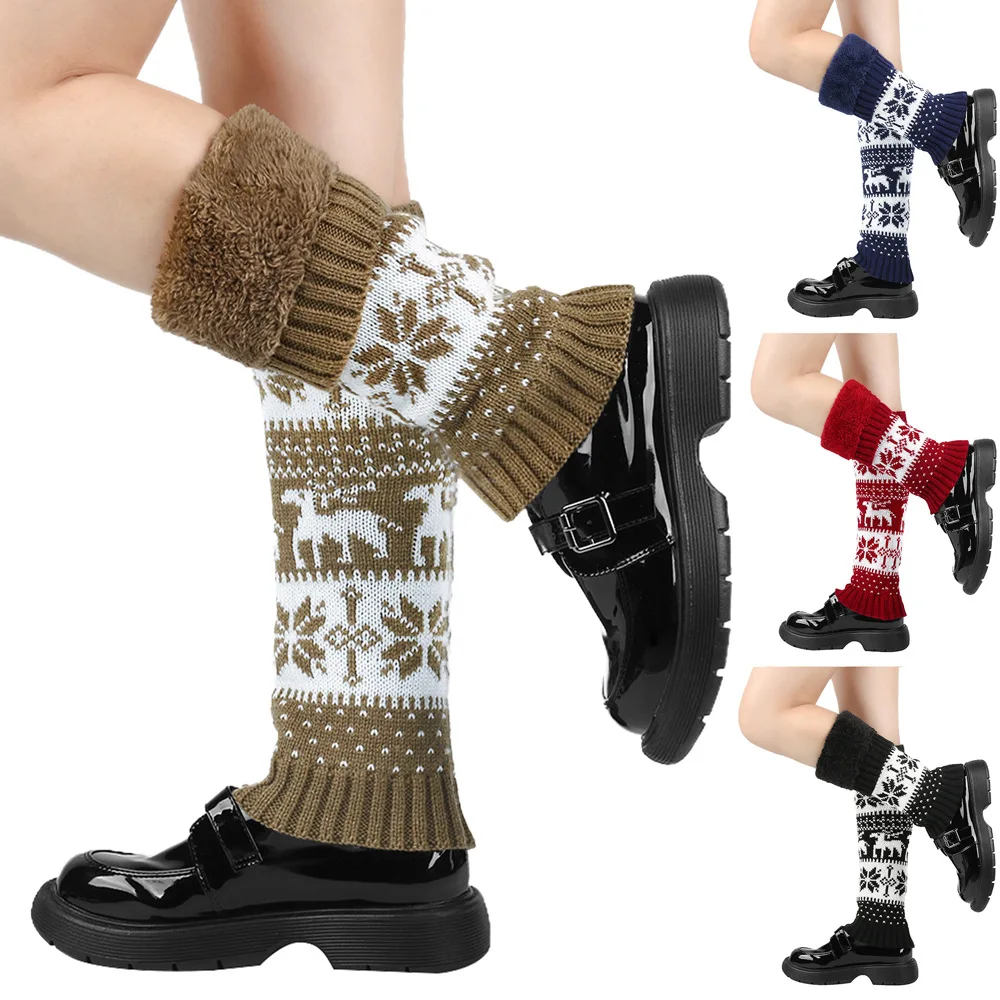 

1 Pair Christmas Women Knitted Leg Warmers Elk Snowflake Print Leg Covers Double-Layered Fleece-Lined Thicken Winter Boot Socks