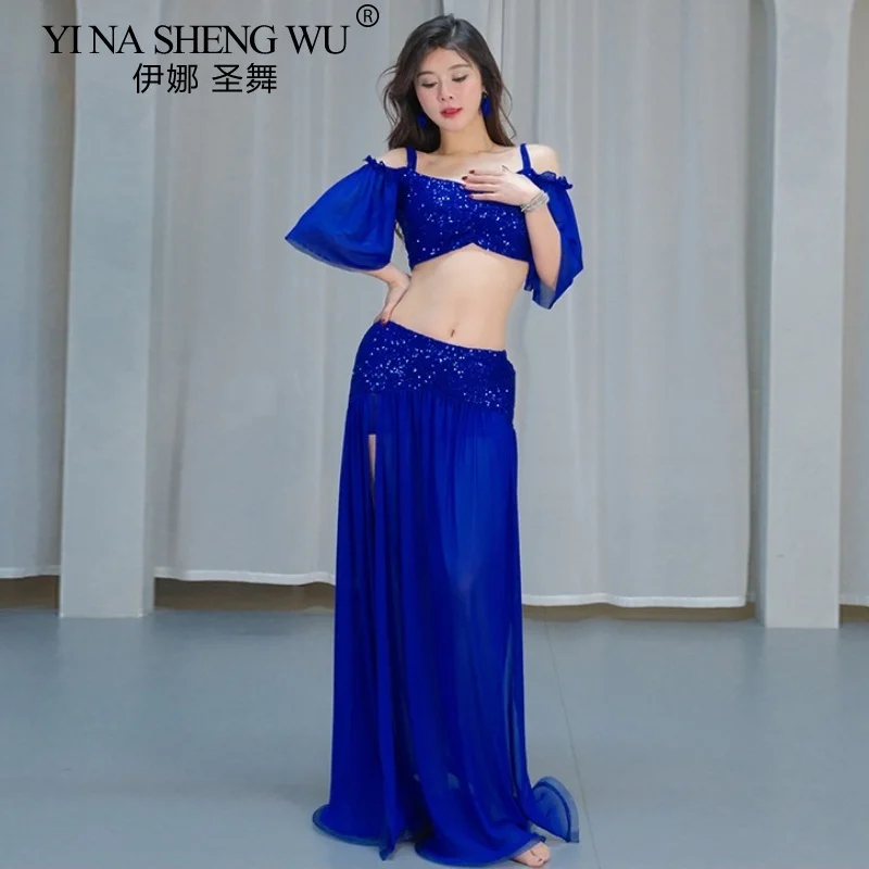 Zestaw kostiumów do tańca brzucha dla kobiet Top i spódnica Siateczka z cekinami Krótkie rękawy Dla dorosłych Ubrania do ćwiczeń scenicznych