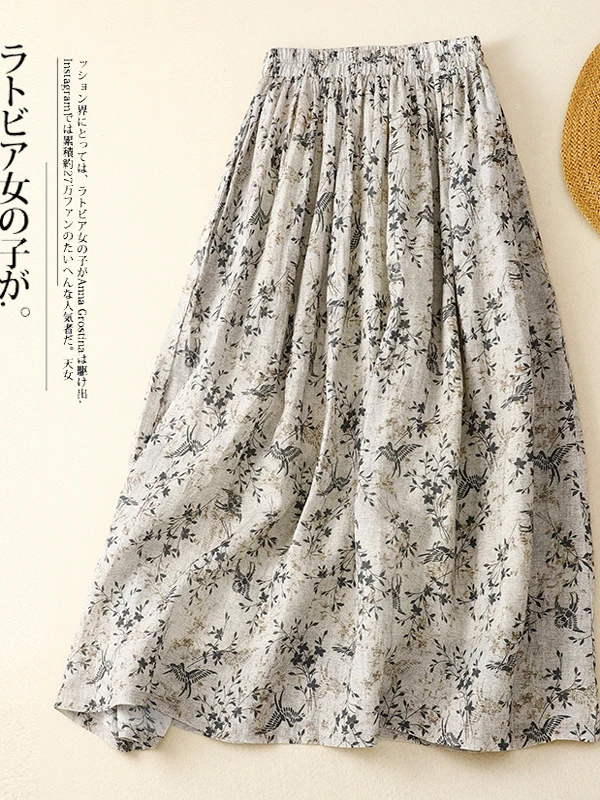 Hoge taille katoen linnen bloemenprint f rok dames vintage Sle Midi rok losse pasvorm Koreaanse Sle zomer Dr