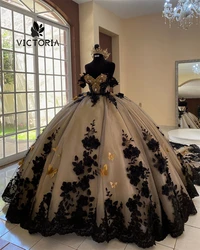 Gold Butterflies Black 3D Flowers Quinceanera Dress Ball Gown Crystal Sweet 16 Dress Wedding Gown Mexican vestido Customized