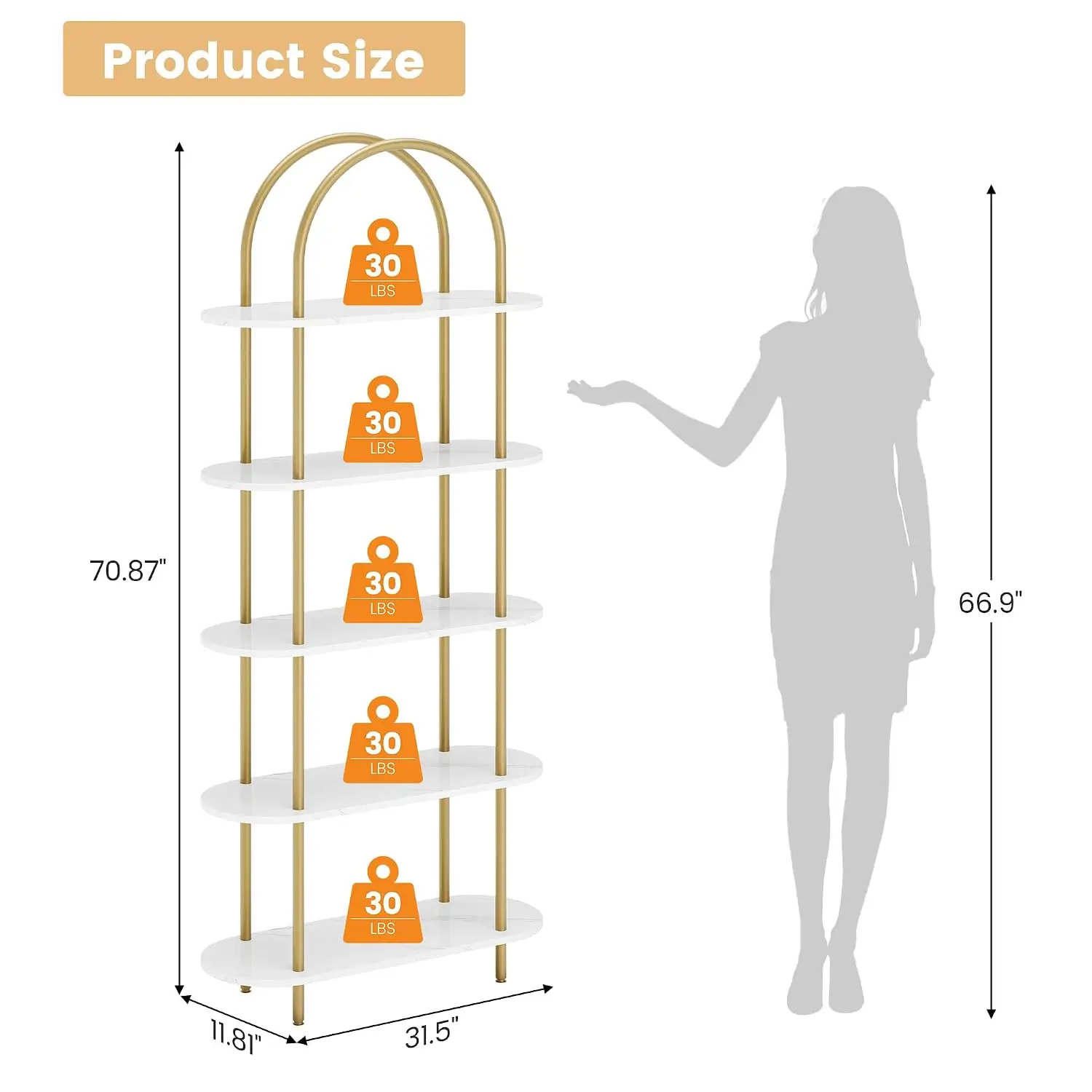 5-Tier Open Arched Bookshelf 180cm Metal Frame Storage Display Rack Office Home Library Customized