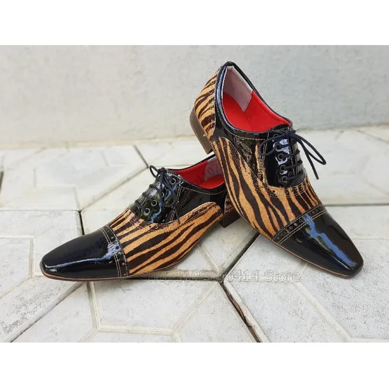 รองเท้าผู้ชายลายม้าลายสีน้ำตาลดำ หัวเหลี่ยม สายรัด แฟชั่น รองเท้าผู้ชายแบบผูกเชือก รองเท้าหรูหรา ทำมือ สำหรับงานปาร์ตี้ งานเลี้ยง รองเท้าลำลองผู้ชาย