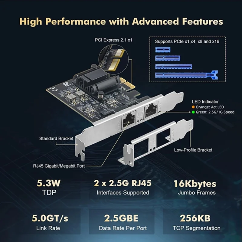 

ELECT-PCIE To 2-Port 2.5G Gigabit Network Card Server Desktop Soft Routing 2500M High-Speed RJ45 RTL8125BG Black ABS