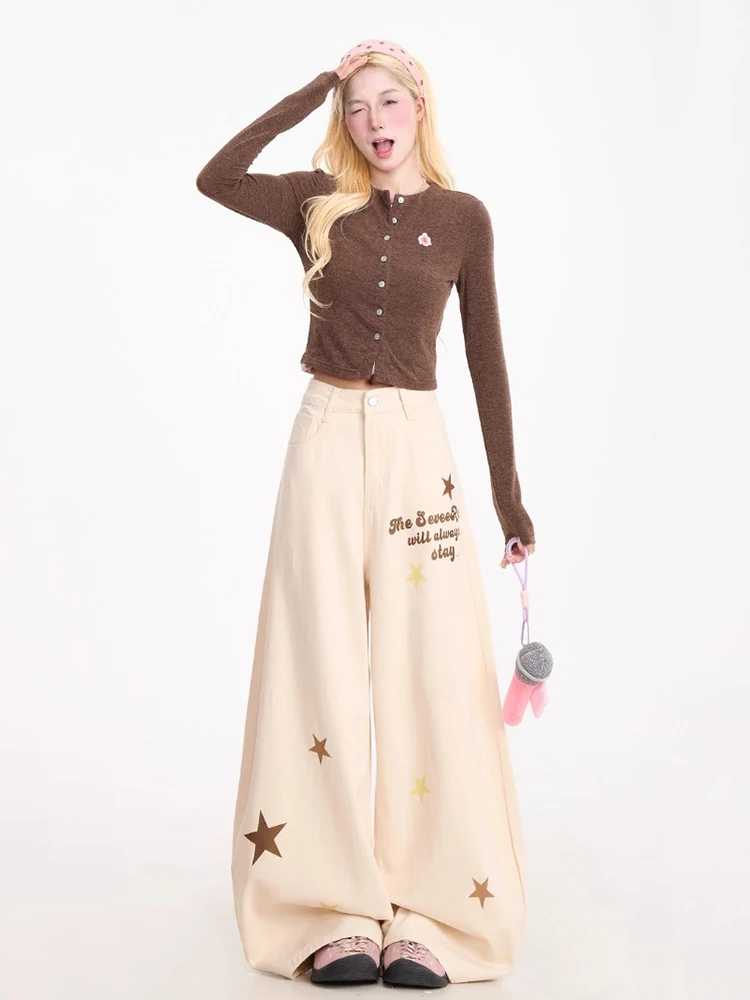 REDDACHiC Frauen Druck Stern Barrel Hosen Casual Lose Schriftzug Low Rise Taschen Breite Bein Grafik Hosen Vintage Y2k Streetwear