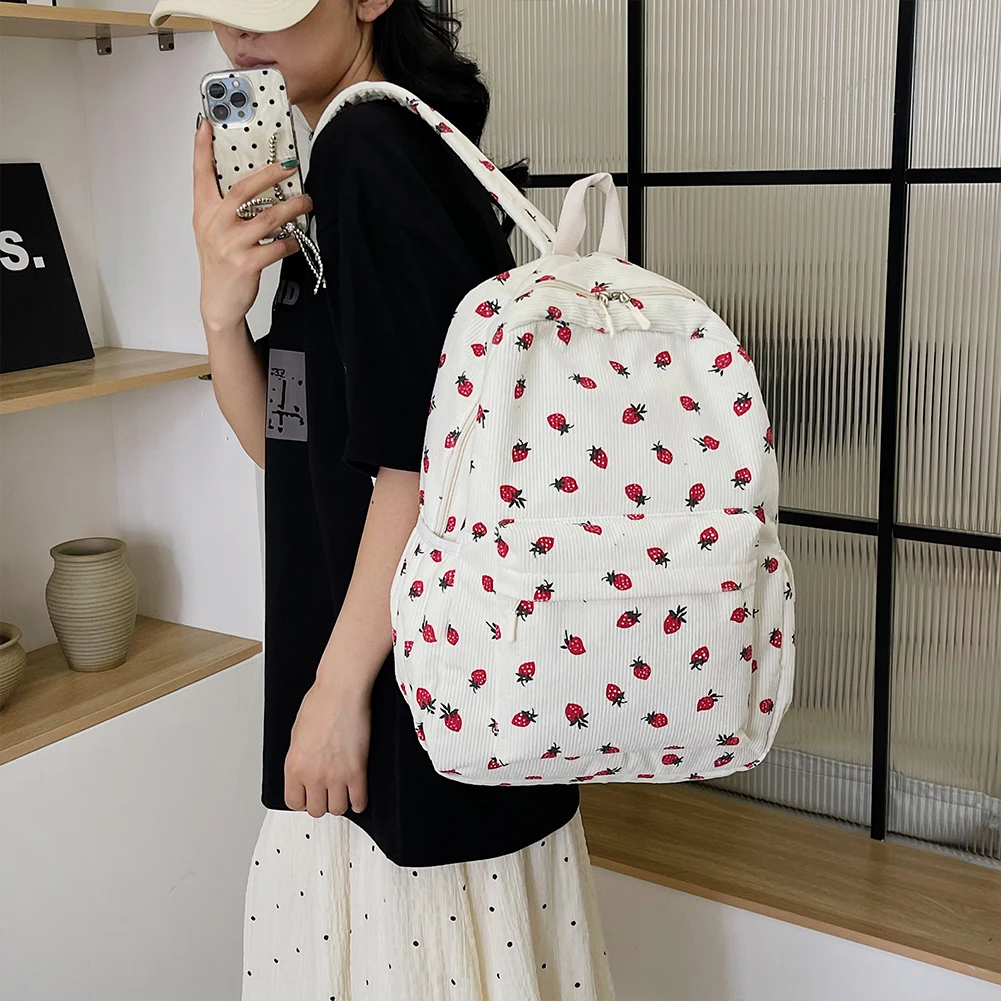 Corduroy Strawberry Backpack Stylish Laptop Backpack Multi-pockets Fashion Teenagers Daypack Adjustable Strap for Outdoor Travel
