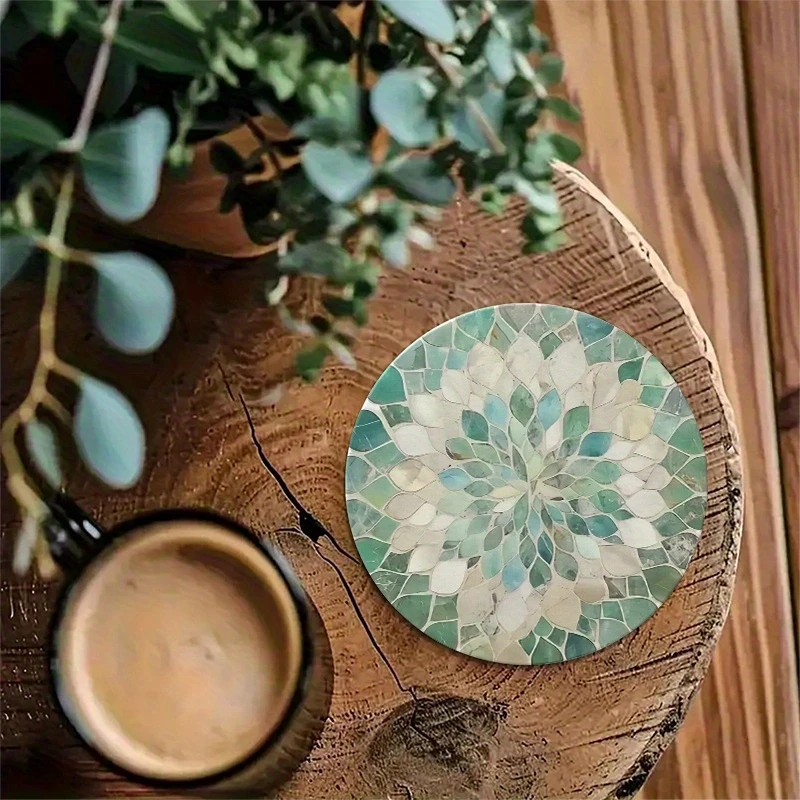 Wooden Coaster Pads - Green Gradient Leaf Pattern - 2D Flat Coffee Hot Drink Cup Anti-Slip Table Mathome Kitchen Accessories
