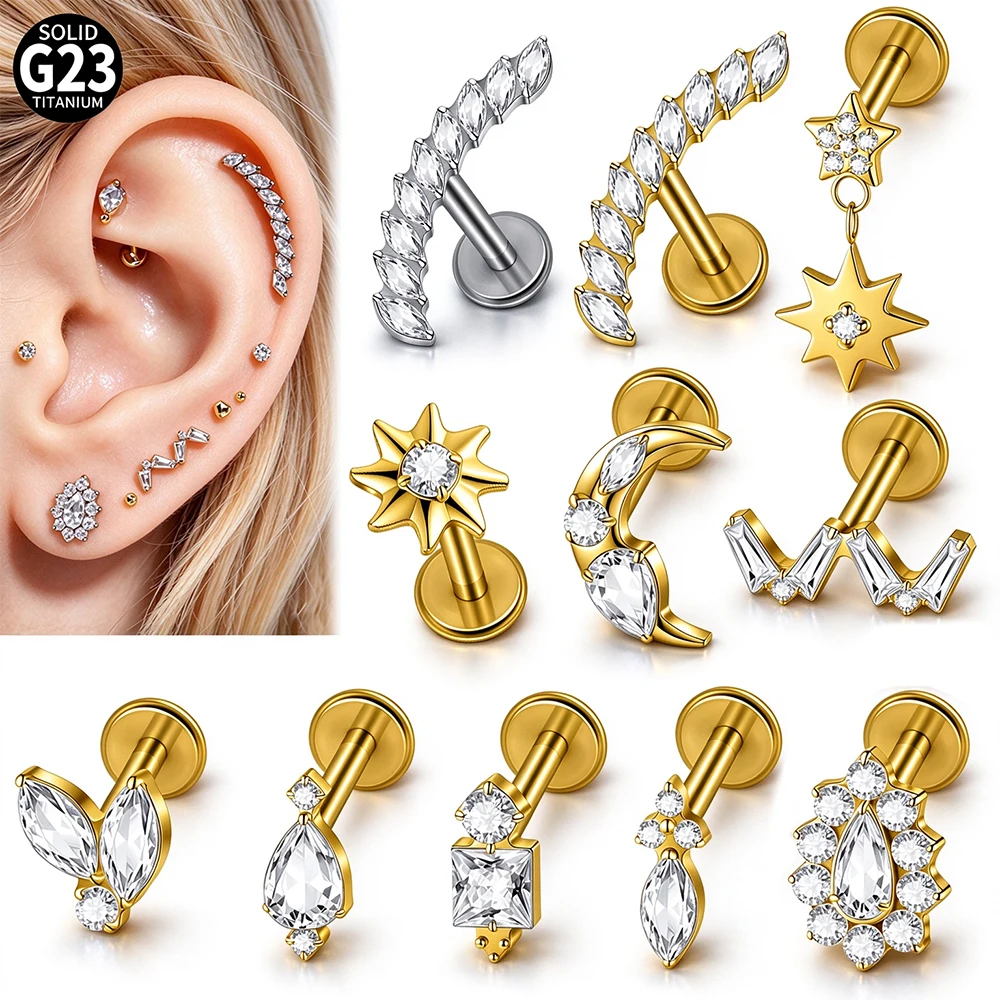 ASTM F-136 Implant Titanium Different Style Horseeye Curved Flower Lip Labret 16g Piercing Ear Cartilage Tragus Helix Earring