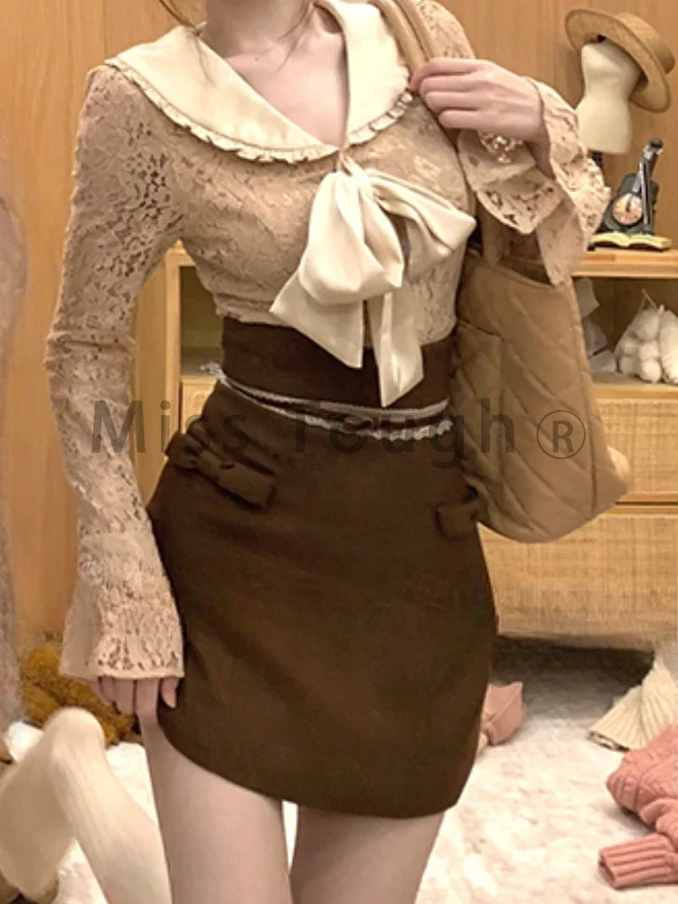 French Fashion Design Sense Sweet Two Piece Set Women Bow Lace Retro Tops + Brown Slim Skirt Winter New Elegant Party Suit 2024