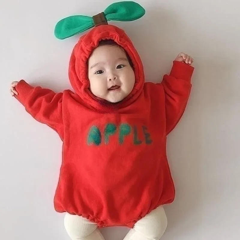 ZOETOPKID Autumn Winter Baby Red/Orange Romper Baby Fruit Crawling Suit Bodysuit Newborn Baby Jumpsuit Warm Hooded Clothes