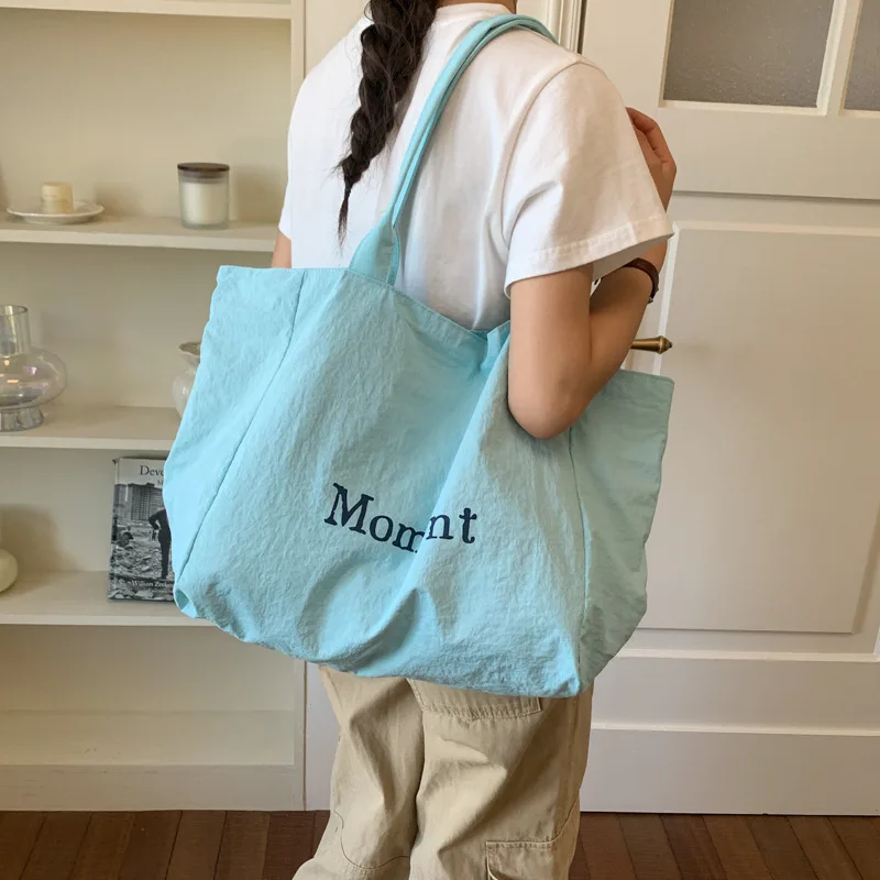 Nylon Tote Bag 2026 New Light Blue Crinkled Shoulder Shopper Handbag Large Capacity Wide Strap Daily Weekender for Women