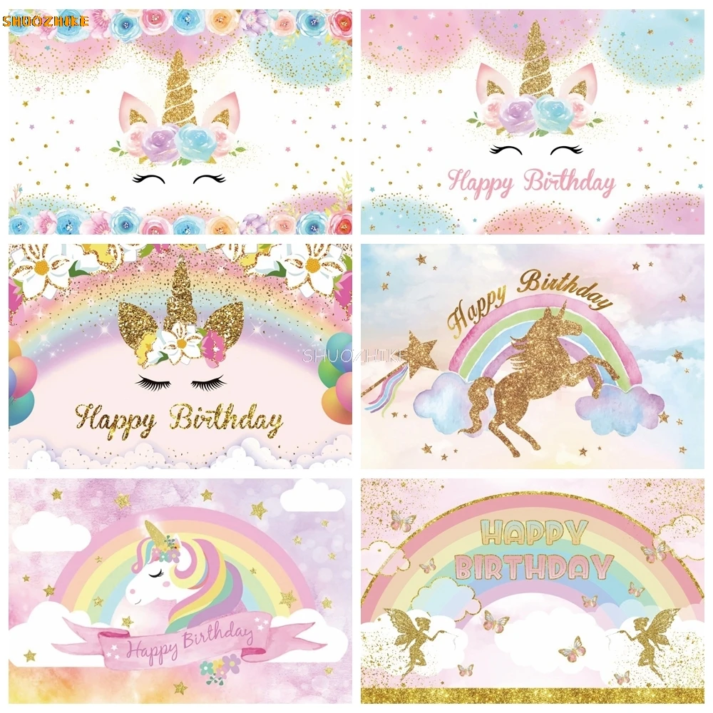 

Dreamy Unicorn Glitters Flowers Newborn Girl Baby Birthday Photography Backdrop Decoration Backgrounds For Photo Studio