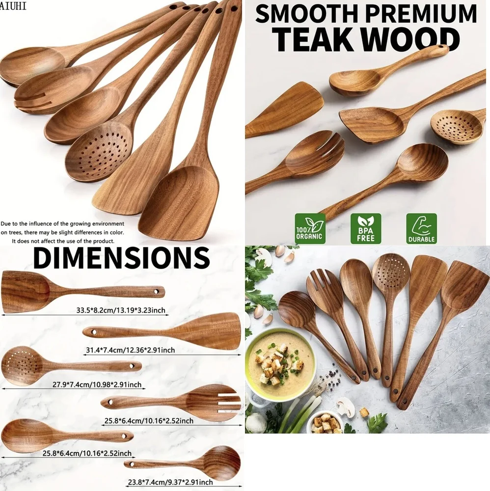 

6 Piece Teak Wood Spoons Cooking Utensils Kitchen Tools Set for Healthy Non Scratch Food Preparation and Serving with Spatula