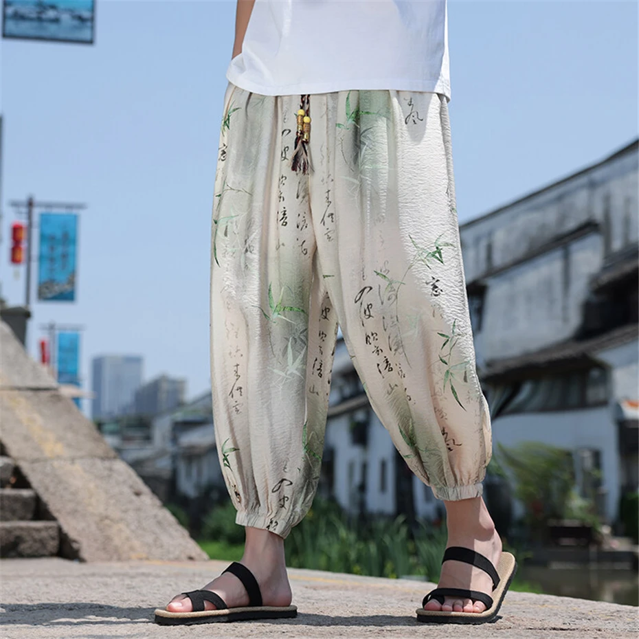 Large Size Harem Pant Mens Summer Thin Vintage Print Casual Trousers Men Harajuku Chinese Style Baggy Ankle Length Pants Male