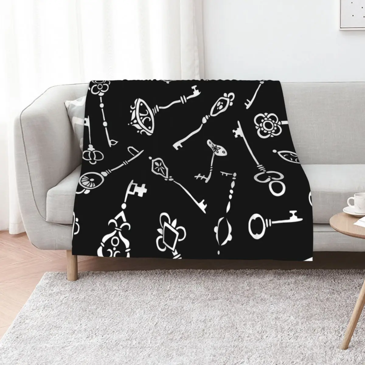 

Skeleton Keys || Black and White Palette || Lock and Key Throw Blanket Flannel Fabric sofa bed Bed Fashionable Plaid Blankets