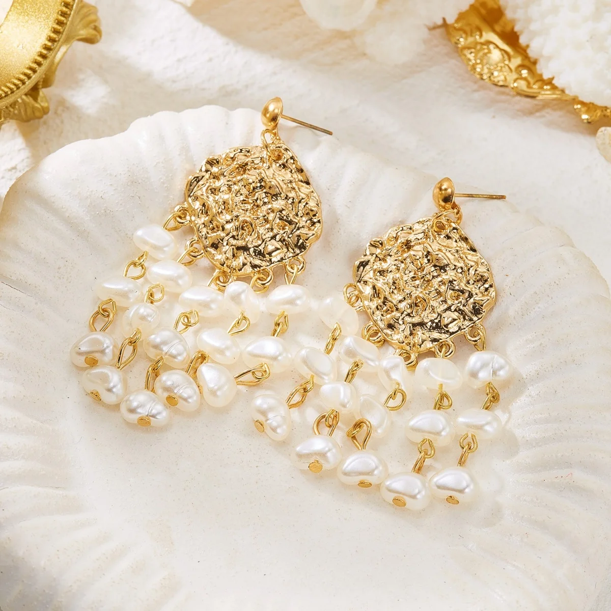 Böhmische geometrische unregelmäßige Imitationsperlen-Quastenohrringe für Damen und Herren, Muschel-Korallen-Strandohrringe, Sommerschmuck – Detail 19