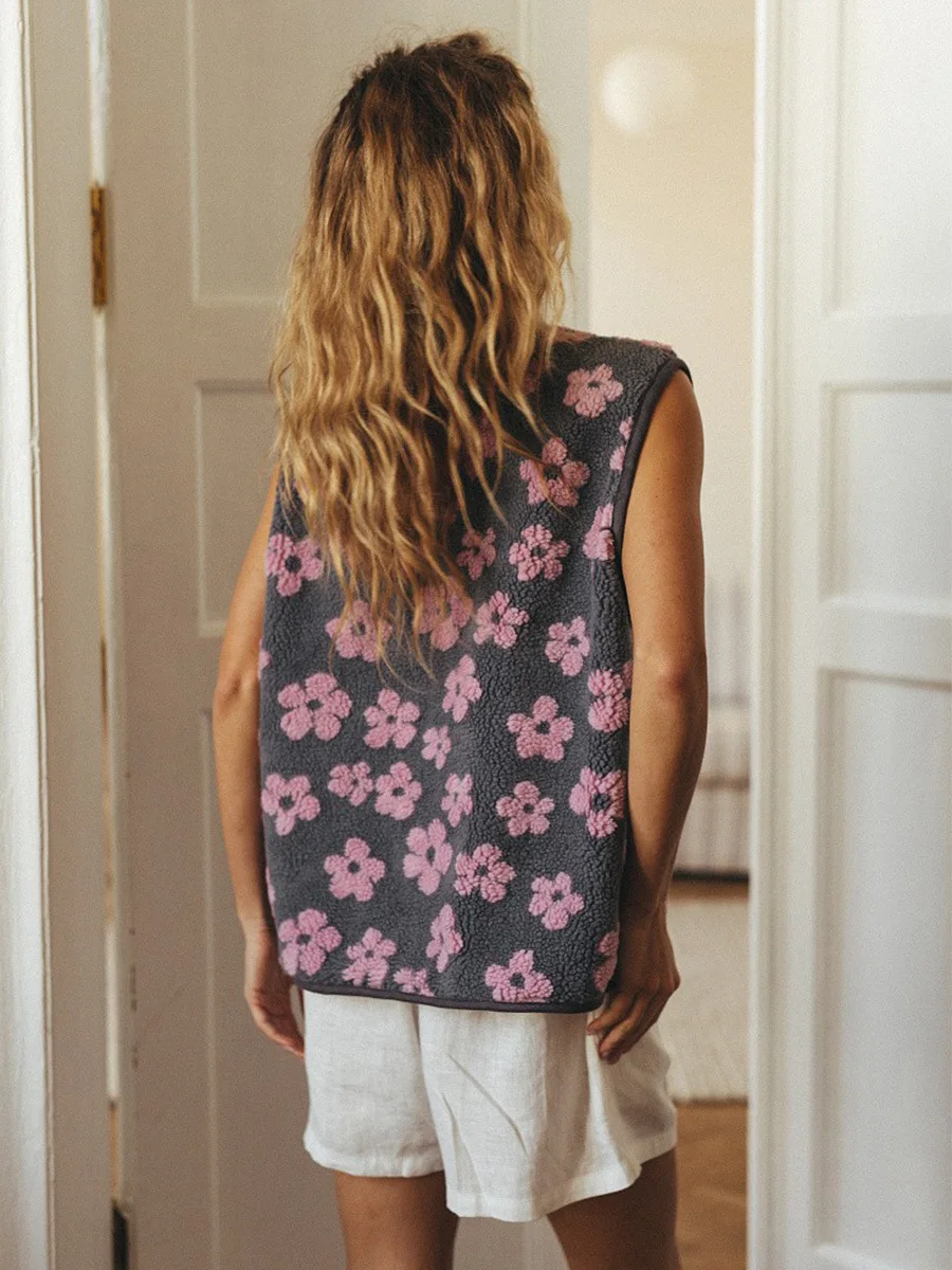 سترة نسائية من صوف الضأن على شكل زهرة لطيفة بدون أكمام ورقبة مستديرة واحدة الصدر صدرية قصيرة فضفاضة للسيدات سترات جديدة للتنقل اليومي في الشارع