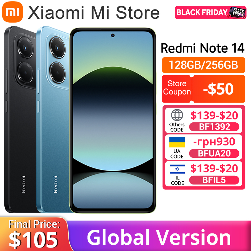  Global Version Xiaomi Redmi Note 14 Smartphone 108MP AI Camera 5500mAh 6.67" 120Hz AMOLED Displa MediaTek Helio G99-Ultra 