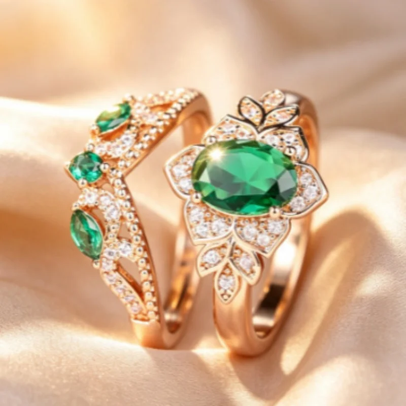 European and American Emerald Two-piece Ring Set with Hollowed Out Flower Leaves and Micro Inlaid Zircon, Court Style Accessory