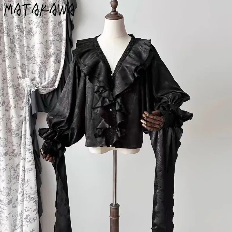 

Matakawa Ruffles Vintage Women Shirts&blouses Solid Japanese Style Elegant Blusas Mujer Fashion Y2k Clothes Sweet Camisas