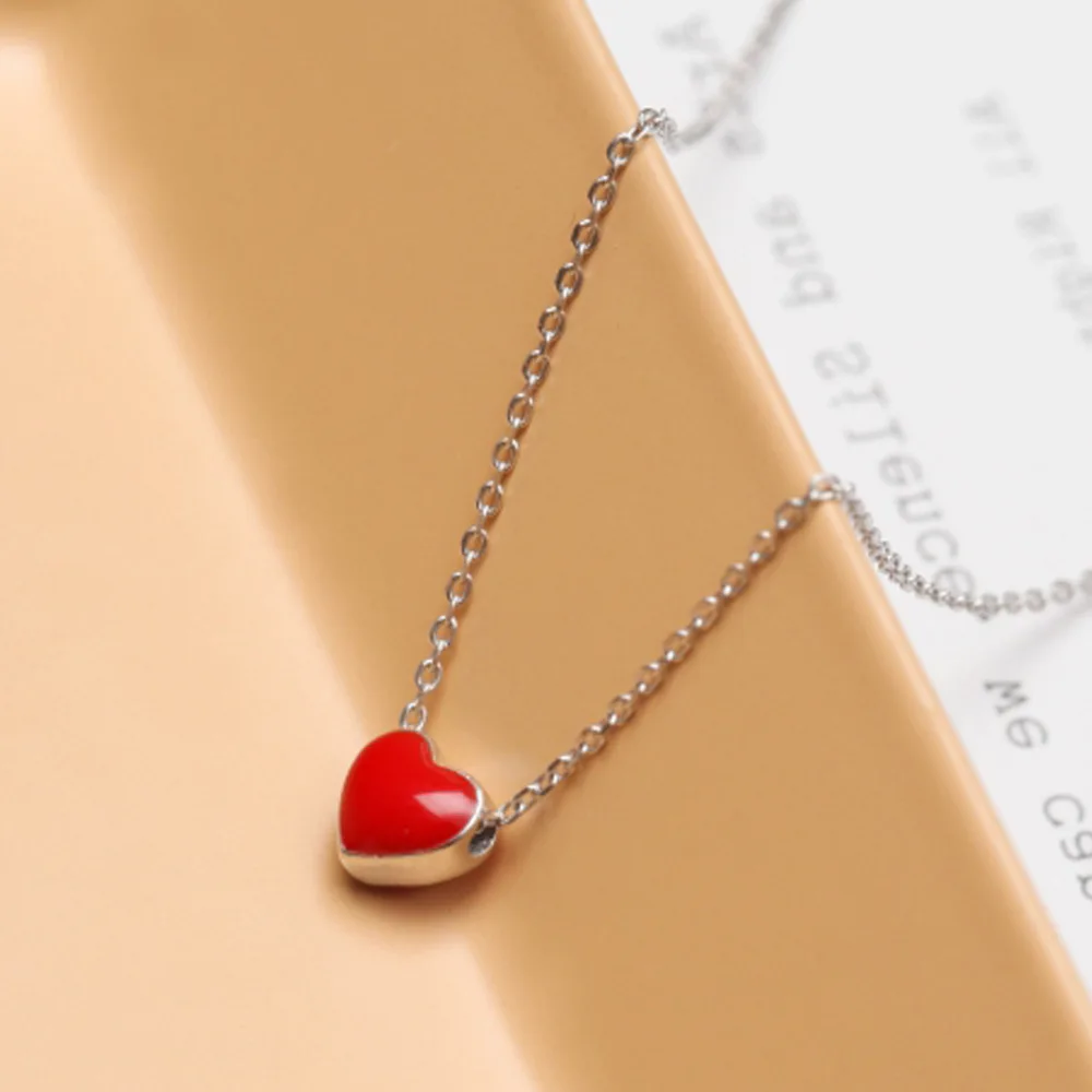 925 Sterling Silver Small Lovely Red Enamel Hearts Pendant Necklace for Women Statement Fine Party Birthday Jewelry Gift Collar