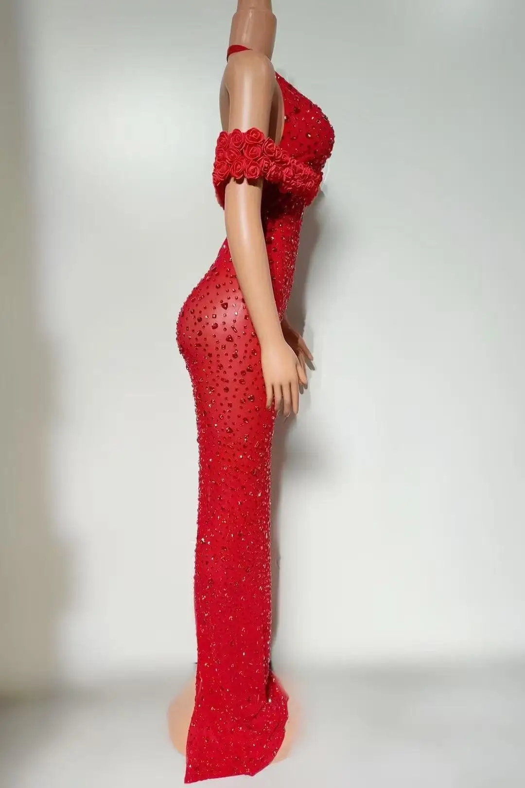 Robe longue élégante à fleurs et strass pour femmes, épaules dénudées, Sexy, maille, soirée, bal, anniversaire, vêtements de séance Photo