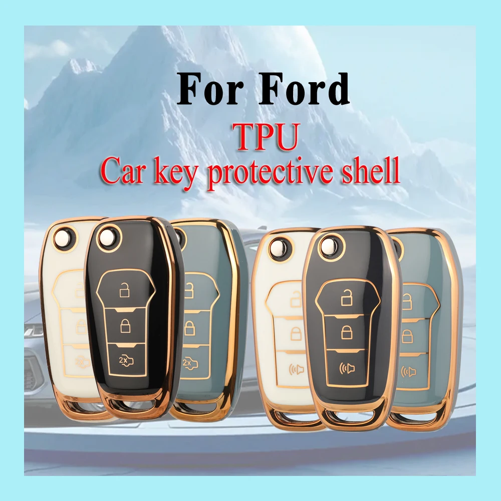 Jingyuqin TPU-Auto-Fernbedienungsschlüssel-Schutzhülle für Ford 3-Tasten, glänzende Oberfläche, Goldrand, schwarz, weiß, grau, sicher, langlebig