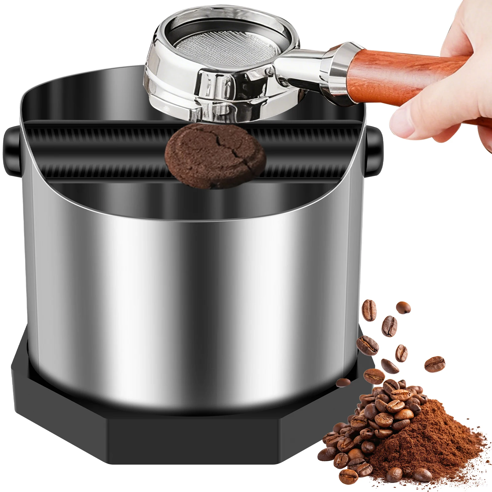 Kaffee-Klopfbox, Espresso-Klopfbox aus Edelstahl, rutschfeste Kaffee-Klopfbox mit Gummiring, abgeschrägter Kaffeebodenbehälter