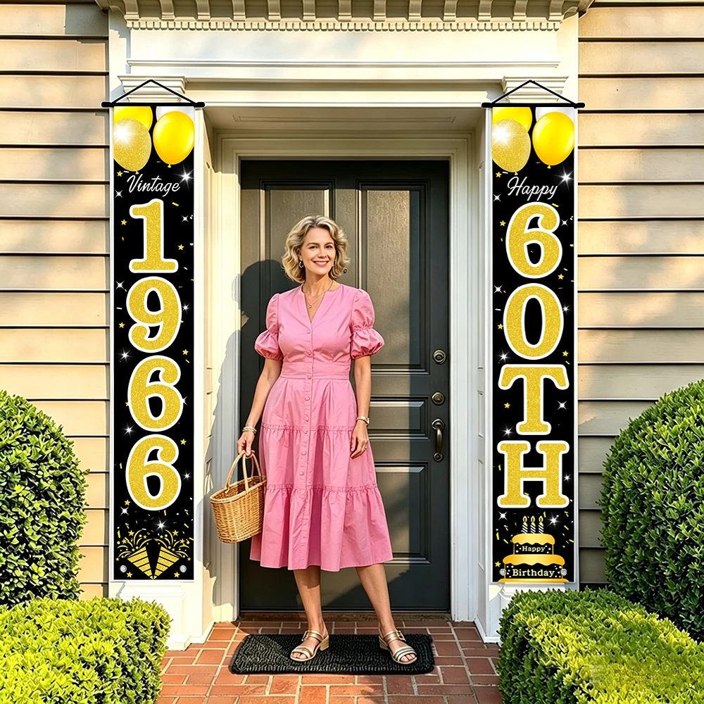 Schwarz-Gold Retro 60. Geburtstag Türschild-Set, Vintage 1966 Themenbanner „Prost auf 60 Jahre“ für die Veranda mit Ballon- und Kuchenmotiven – Detail 6