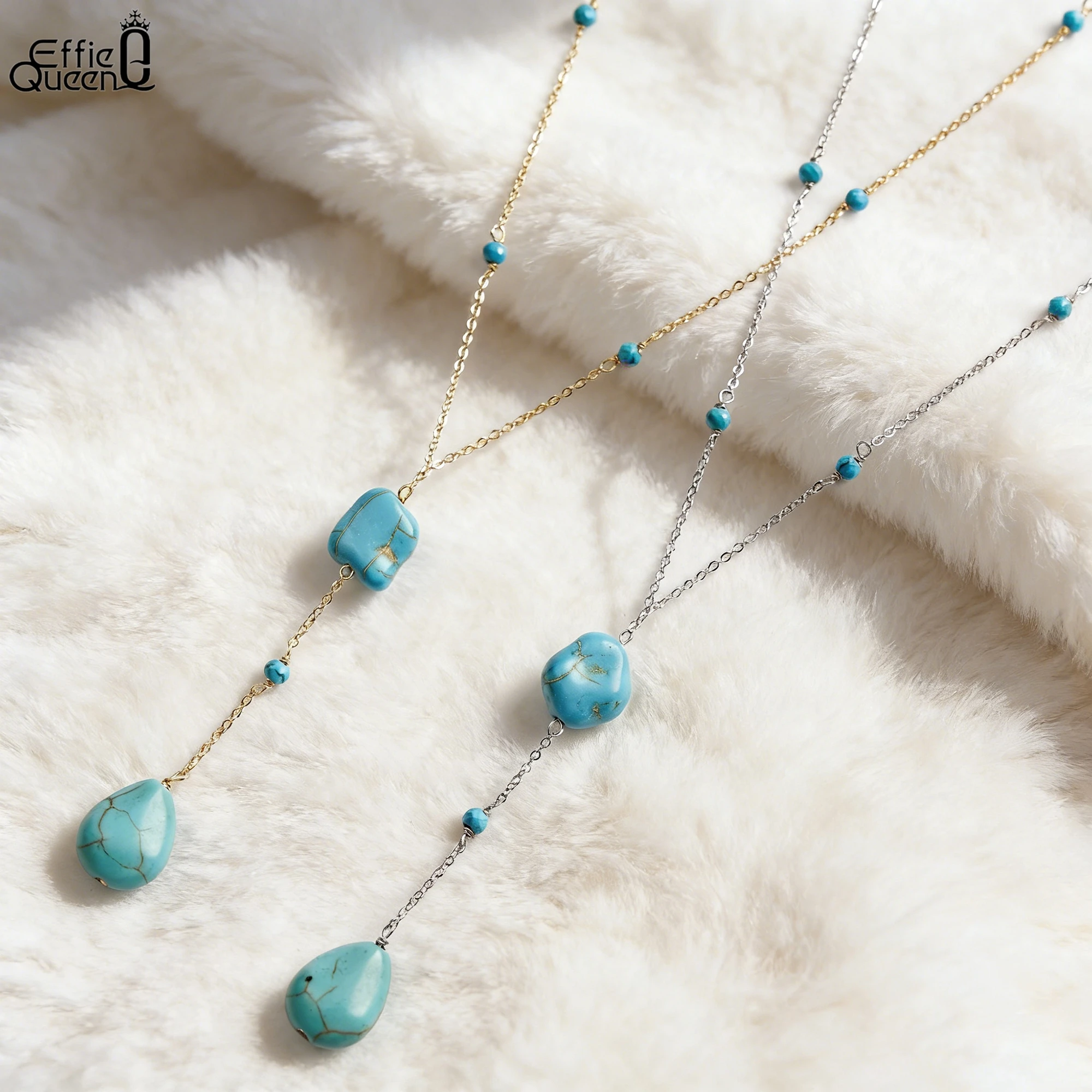 

EFFIE QUEEN 925 Pure Silver 14k Gold Irregular Shaped Turquoise Pendant Necklace Natural Jewelry for Women Birthdays Gift GMN50
