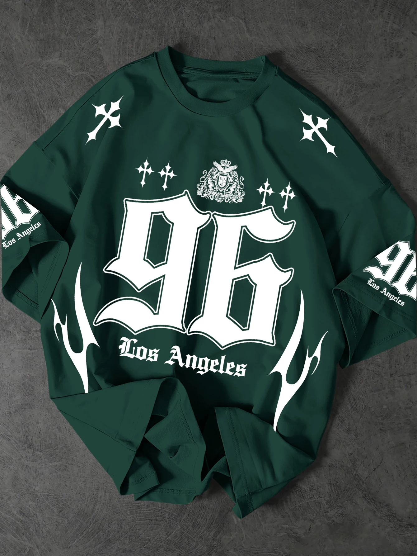 Men's Oversized Los Angeles 96 T-Shirt Gothic Cross Crown Graphic Short Sleeve Tee Casual Streetwear Tops
