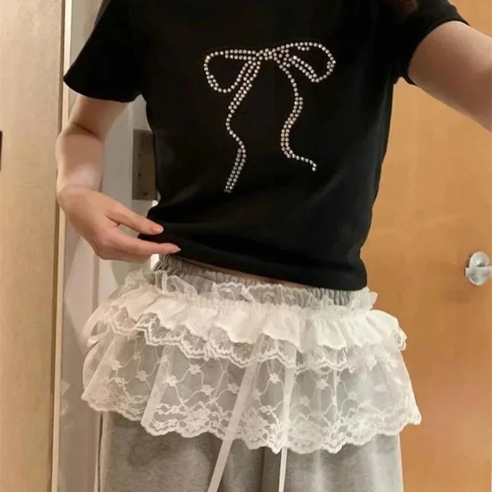Falda de encaje elegante Harajuku de verano Y2K estilo coreano falda envolvente de malla blanca y Beige con pantalones separados ropa de calle moda para niñas