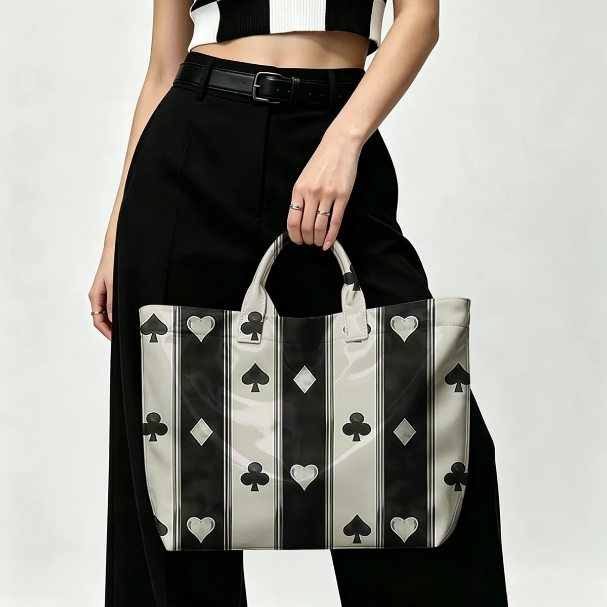 Black white love stripes Fashion Bag Transparent PVC Waterproof Handbag Large Capacity Daily Commute Shoulder Tote Mummy Bag