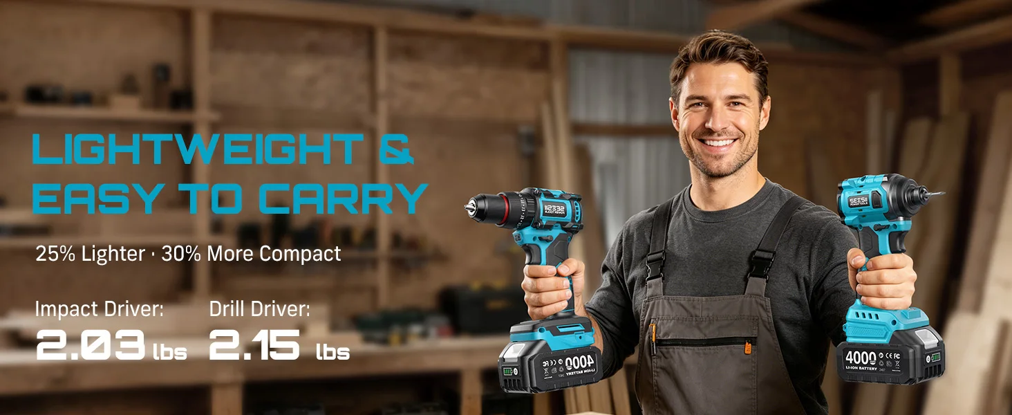 SEESII 3/8'' Drill & 1/4'' Impact Driver 21V Cordless Electric Brushless Drill Impact Wrench Variable Speed Screwdriver Battery Powered Tool Kit with 2x4.0Ah Batteries LED Light