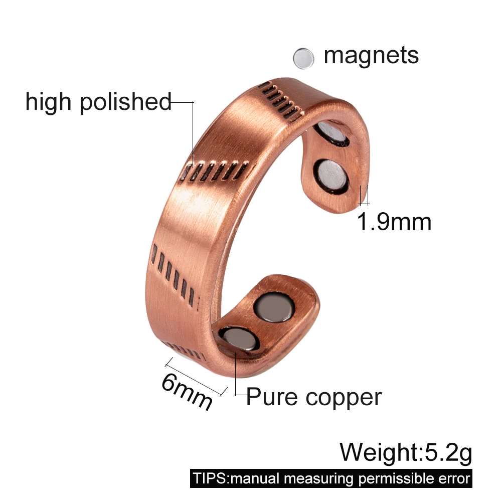 Copper Rings Magnetic Energy Health Arthritis Pain Relief Vintage 6mm Finger Ring Lines Cuff Adjustable Ring for Women Men